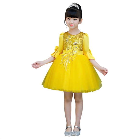 JSGEK Tulle Flower Girl Dress for Wedding Puffy Satin Ruffle Sleeve Ball Gowns Tea Length Bow Knot Princess Dress Yellow 7 Years