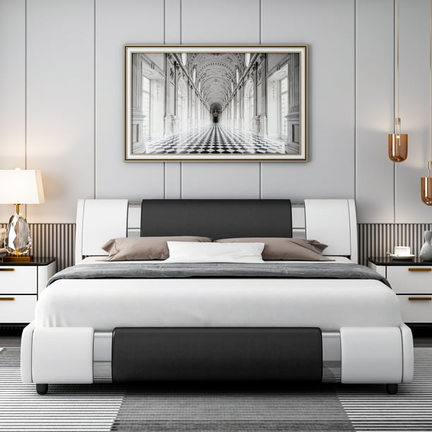 Homfa King Size Platform Bed Frame, Modern Faux Leather Upholstered