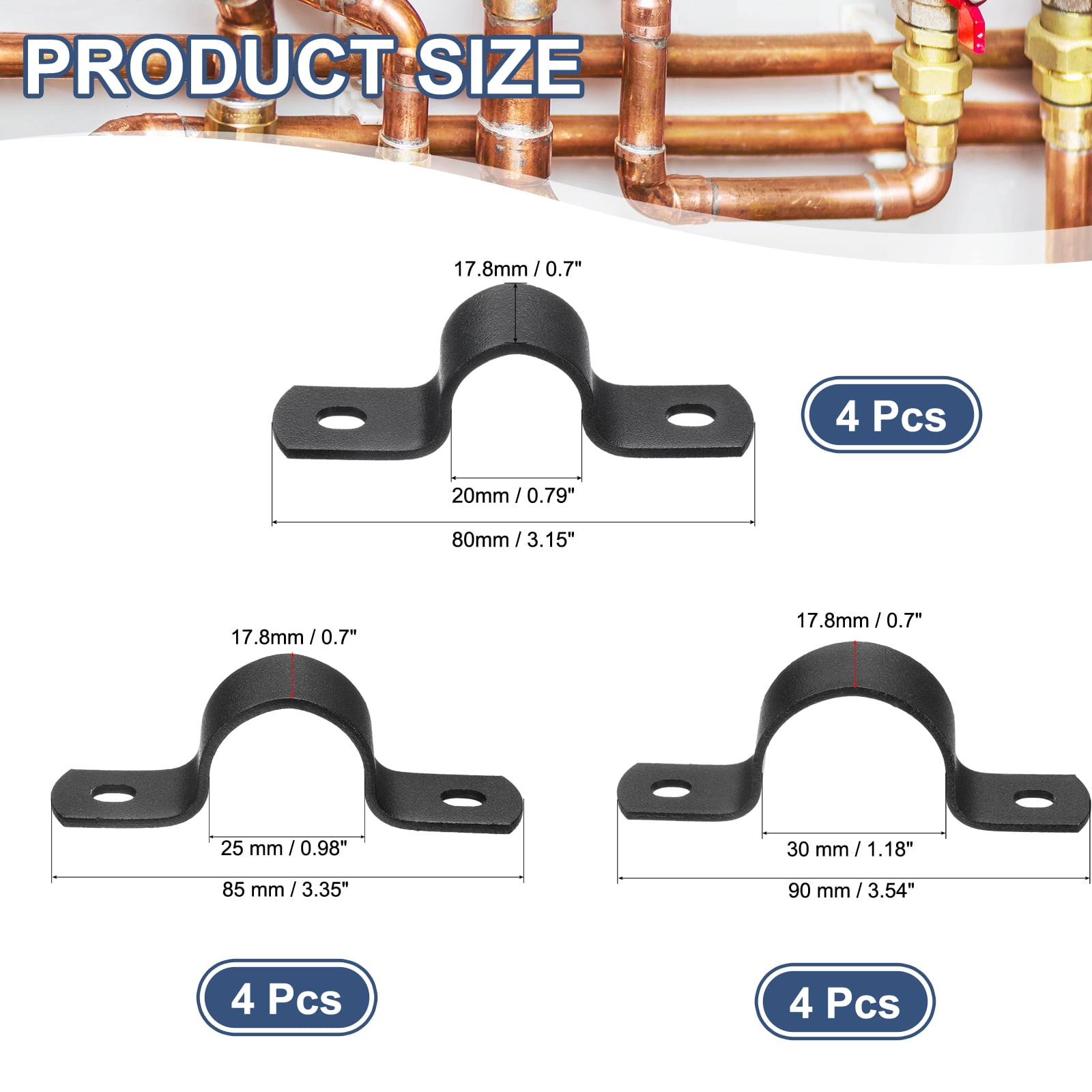 12Pack Metal Pipe Clamps, 3 Sizes Carbon Steel Two Hole Strap U Bracket Tube Clip Conduit Clamps for Pipe Fixing Wire Cord Installation Decorating, Black (1/2", 3/4", 1")