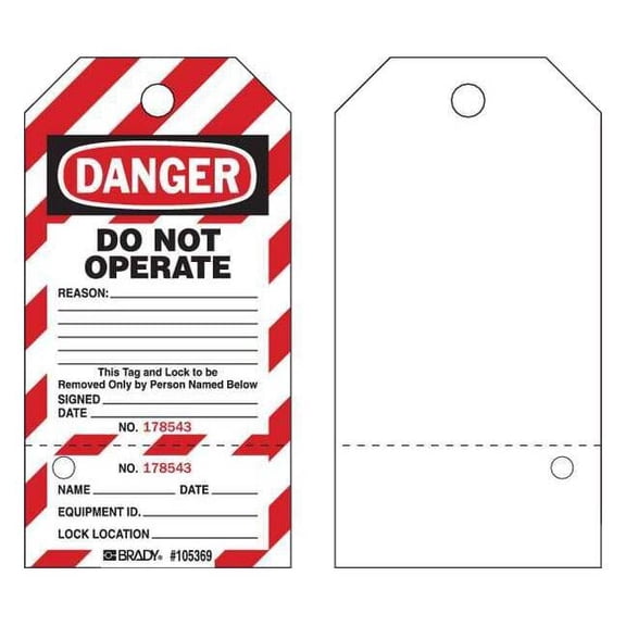 Danger Tag, Cardstock, 5 3/4 in H x 3 in W, Red/Black on White, Rectangle, 25 PK