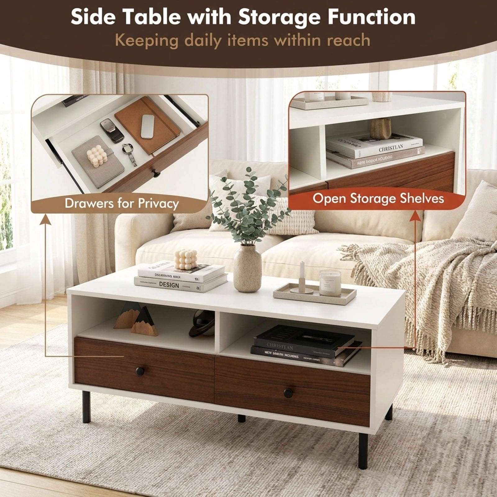 Furnibear 2 Tier 40 Inch Modern Rectangle Coffee Table with Storage Shelf and Two Drawers for Living Room Bedroom and Study, White