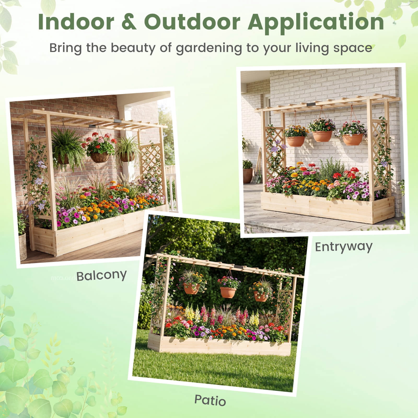 Costway 1 PCS Wooden Raised Garden Bed with Trellis & Hanging Roof, Drainage Holes for Flowers Natural