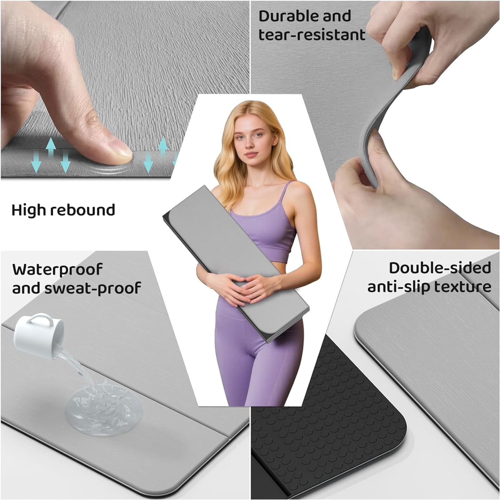 LAMEI 8mm Thick Foldable Yoga Mat - 3-in-1 Folding TPE Non-Slip Mat for All-Level Yoga, Tear-Resistant & Quick-Flat Design, 71x24in (Grey+Black)