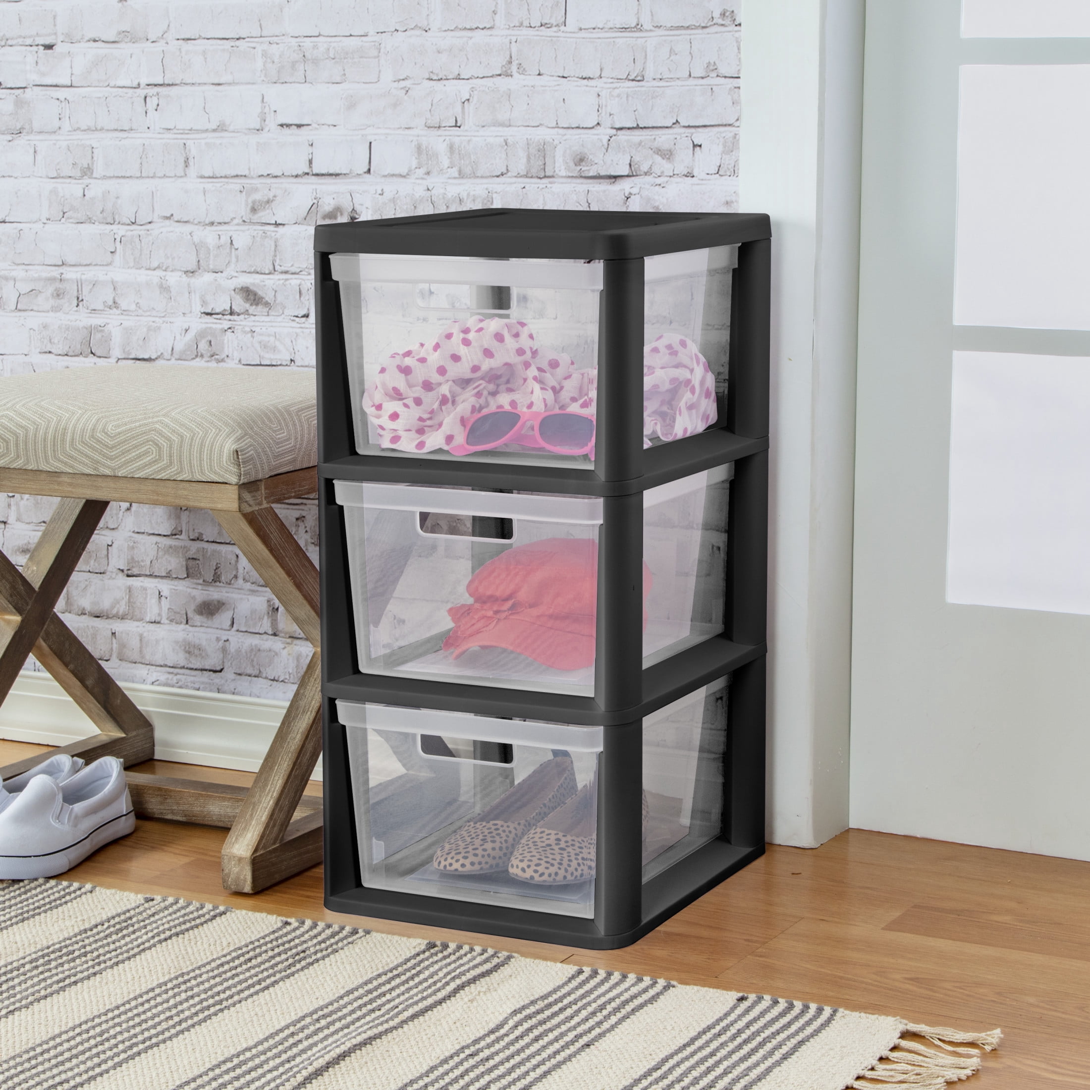 (2 pack) Sterilite 3 Drawer Tower, Plastic Storage Organizer with Removable Clear Bins, Easy to Assemble - No Tools Needed, Black