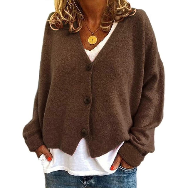 Womens Sweater Knitted Casual V-neck Solid Color Cardigan Sweater