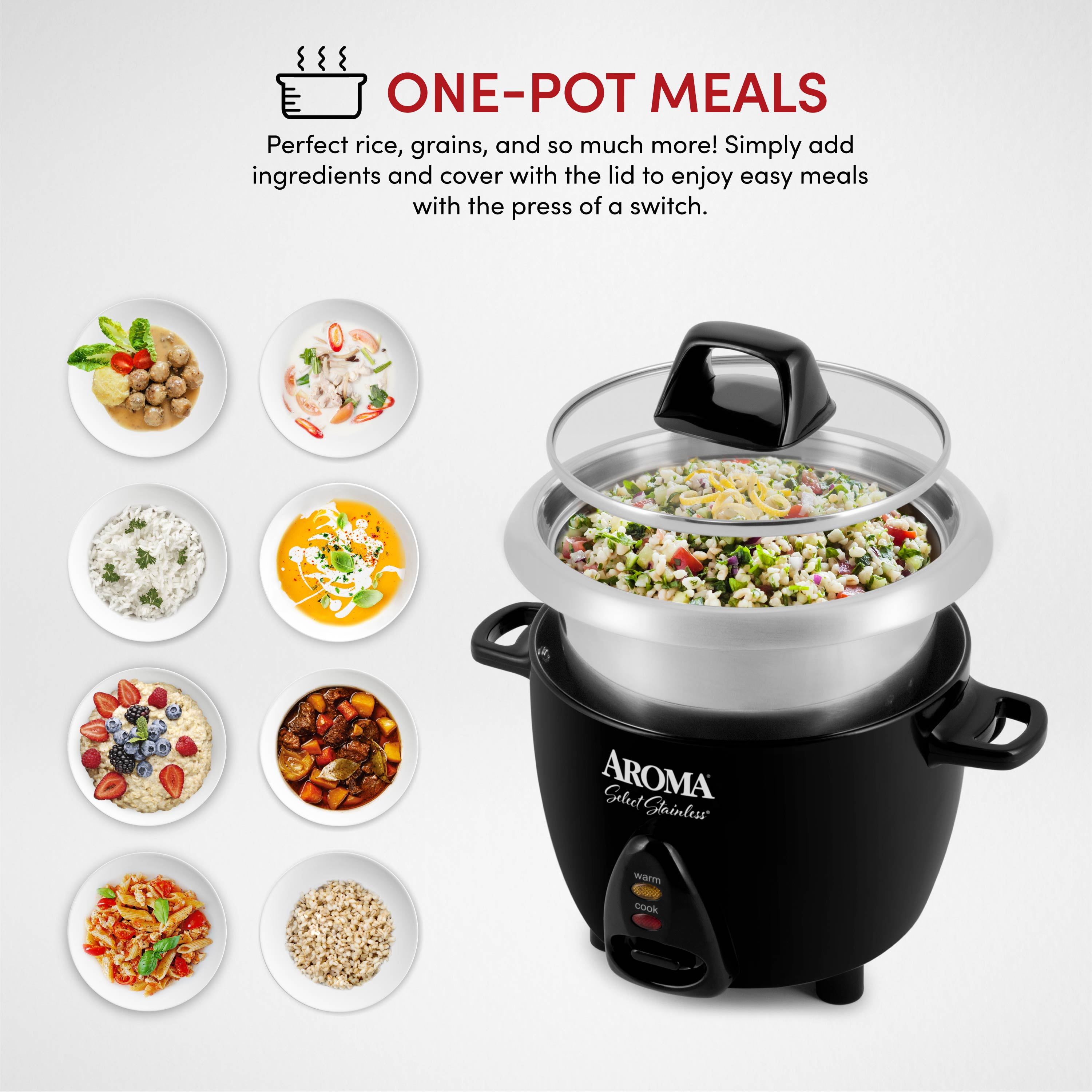 Aroma Simply Stainless 6-Cup Rice Cooker ARC-753SG & Optional Steam Tray  Product Overview 