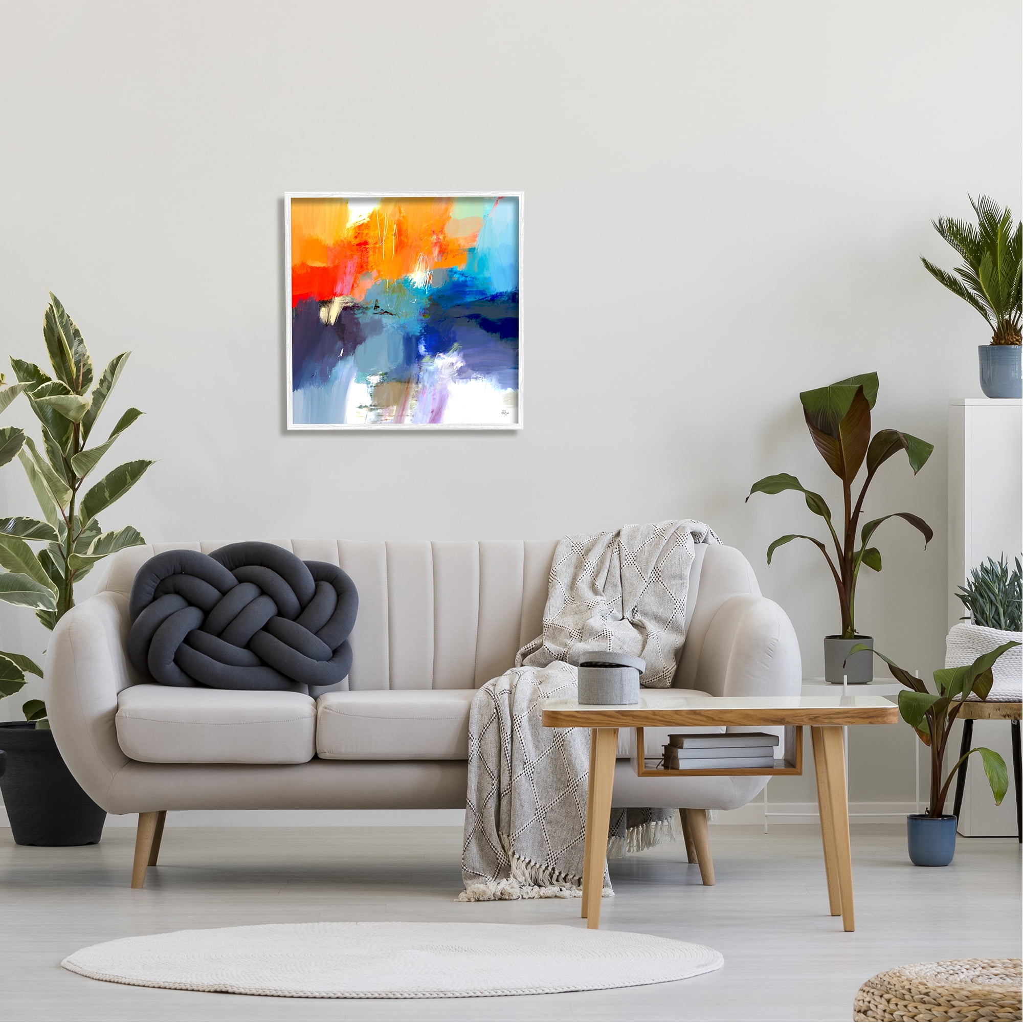 Stupell Industries Orange & Blue Abstraction Abstract Painting White Framed Art Print Wall Art, 24 x 24