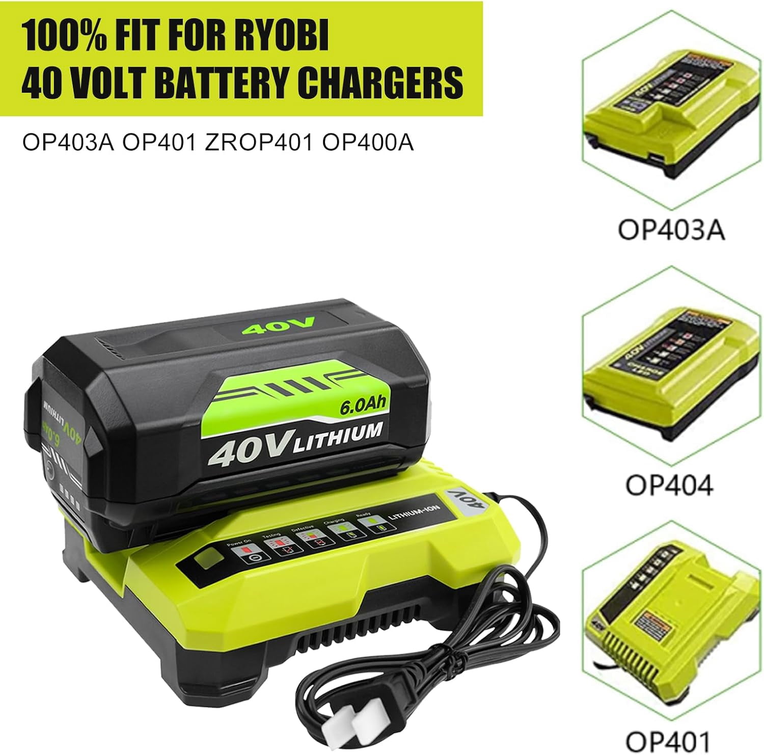 2Pack Upgrade 6.0Ah Replacement Battery for Ryobi and OP401 Charger Combo Compatible with 40v Ryobi Battery and 40 Volt Cordless Power Tools(Green)