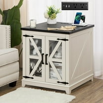 Farmhouse End Table with Power Outlets, 24" Large Sofa Side Table Nightstand with LED Lights & Doors, White