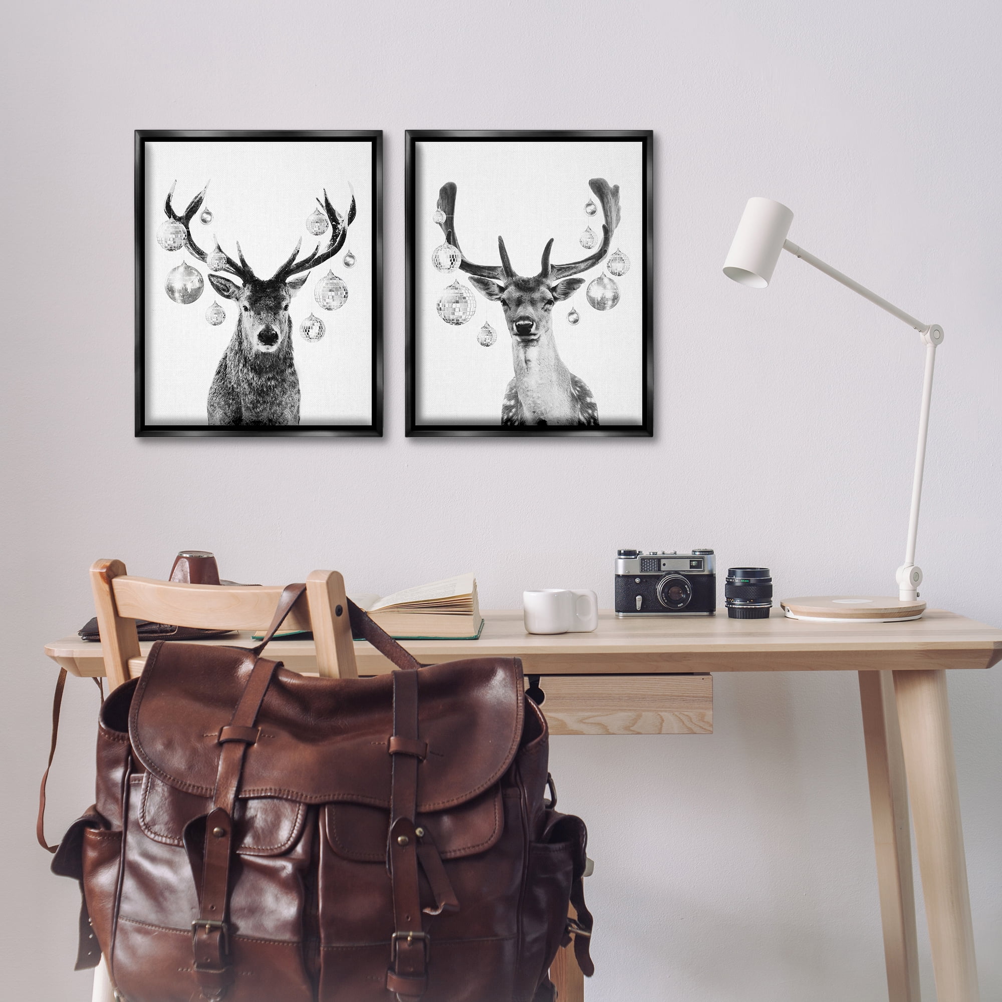 Stupell Industries Black and White Disco Deer Holiday Painting Black Floater Framed Canvas Art Print Wall Art, 17 x 21, Set of 2