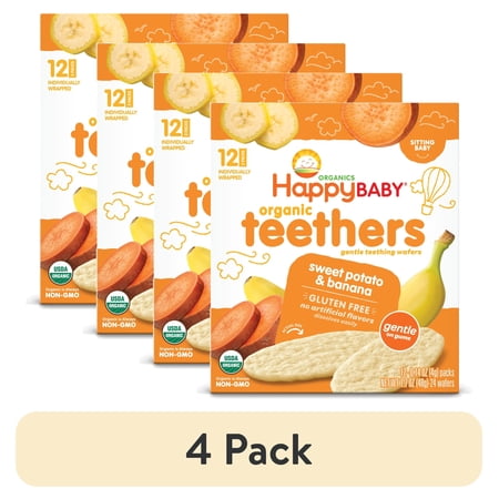 (4 pack) Happy Baby Organics Teethers, Sweet Potato & Banana Organic Gluten Free Gentle Teething Wafers, Box of 12-2packs (24 wafers)