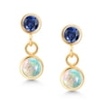 thumbnail image 2 of Gem Stone King 14K Yellow Gold White Simulated Opal and Blue Created Sapphire Drop Dangle Earrings for Women (0.78 Cttw, Gemstone Birthstone, Round Cabochon 4MM and 3MM), 2 of 4