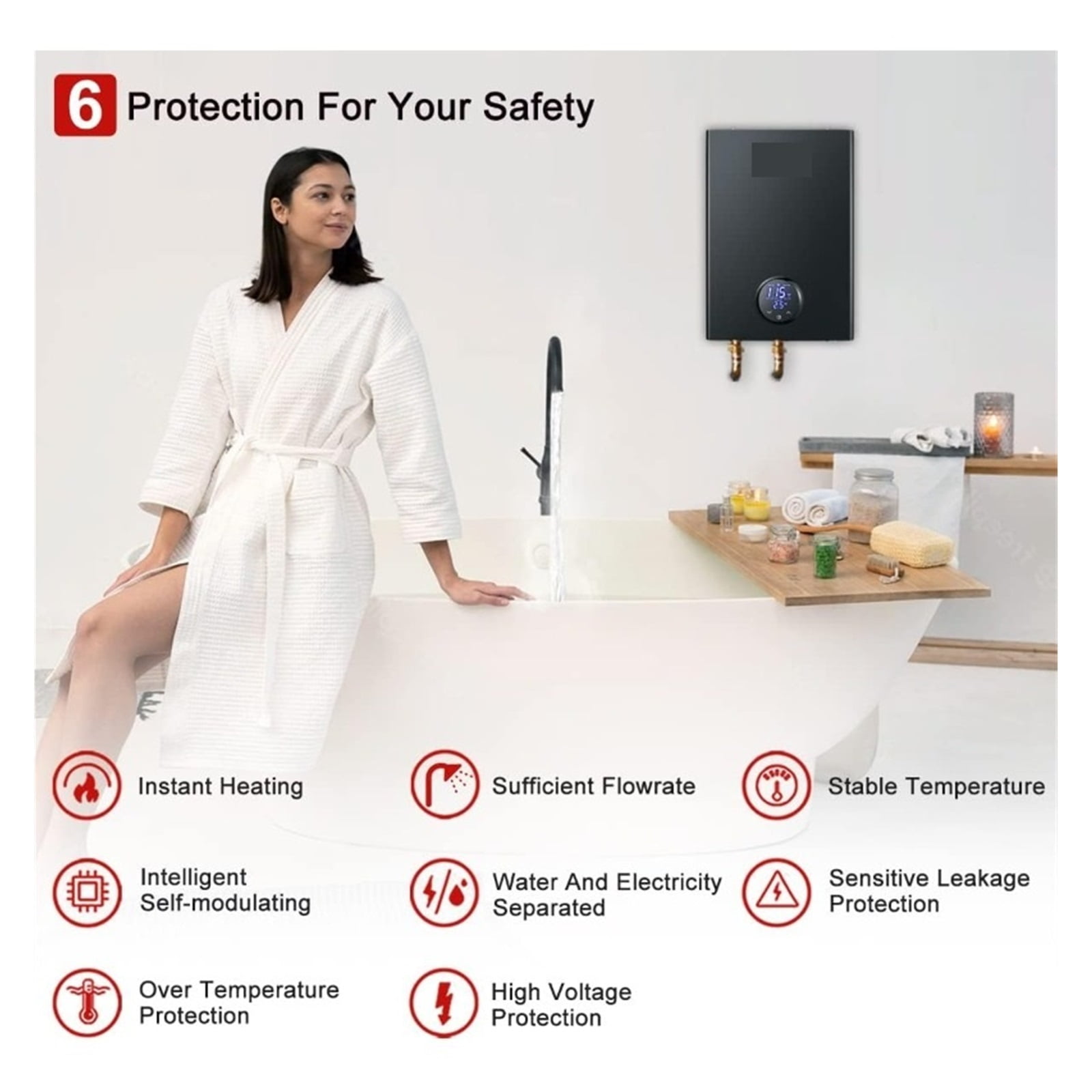 Electric Tankless Hot Water Heater,18kW On Demand Instant Water Heater , Self-Modulation Point Of Use Hot Water Heater ,Safety Protections