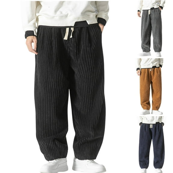 Fengqque Mens Corduroy Pants Baggy Wide Leg Casual Elastic Waist Drawstring Loose Fit Straight Leg Pants Yellow 10(XL)