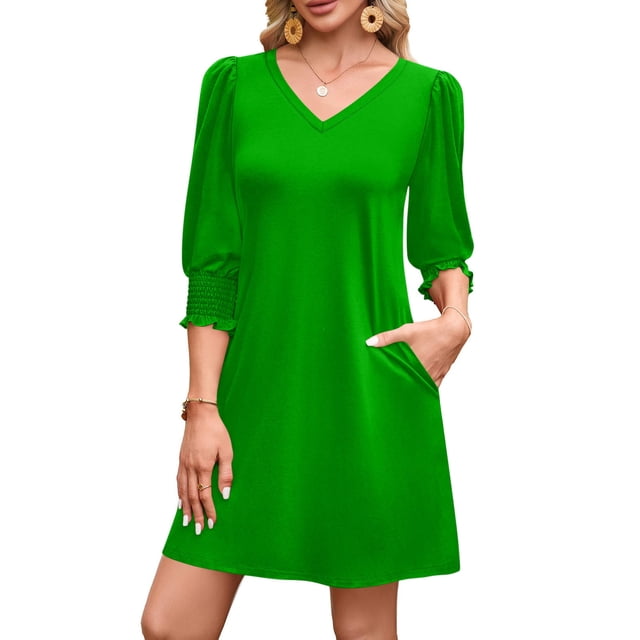 TaTaai Women's Solid Color V-Neck Three Quarter Sleeve Dress Casual Fashion Elastic Cuffs Soft Comfortable Polyester Fabric Versatile Midi Dress for Spring Summer Daily Dating Party Work Gift
