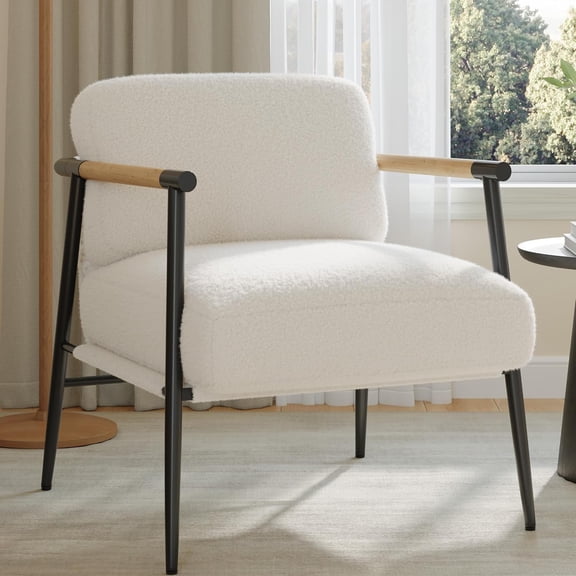 IdealHouse Modern Accent Chair, Comfy Chair with Metal Frame Wooden Armrest, Cozy Reading Chair with Soft Cushion for Bedroom, Living Room,White