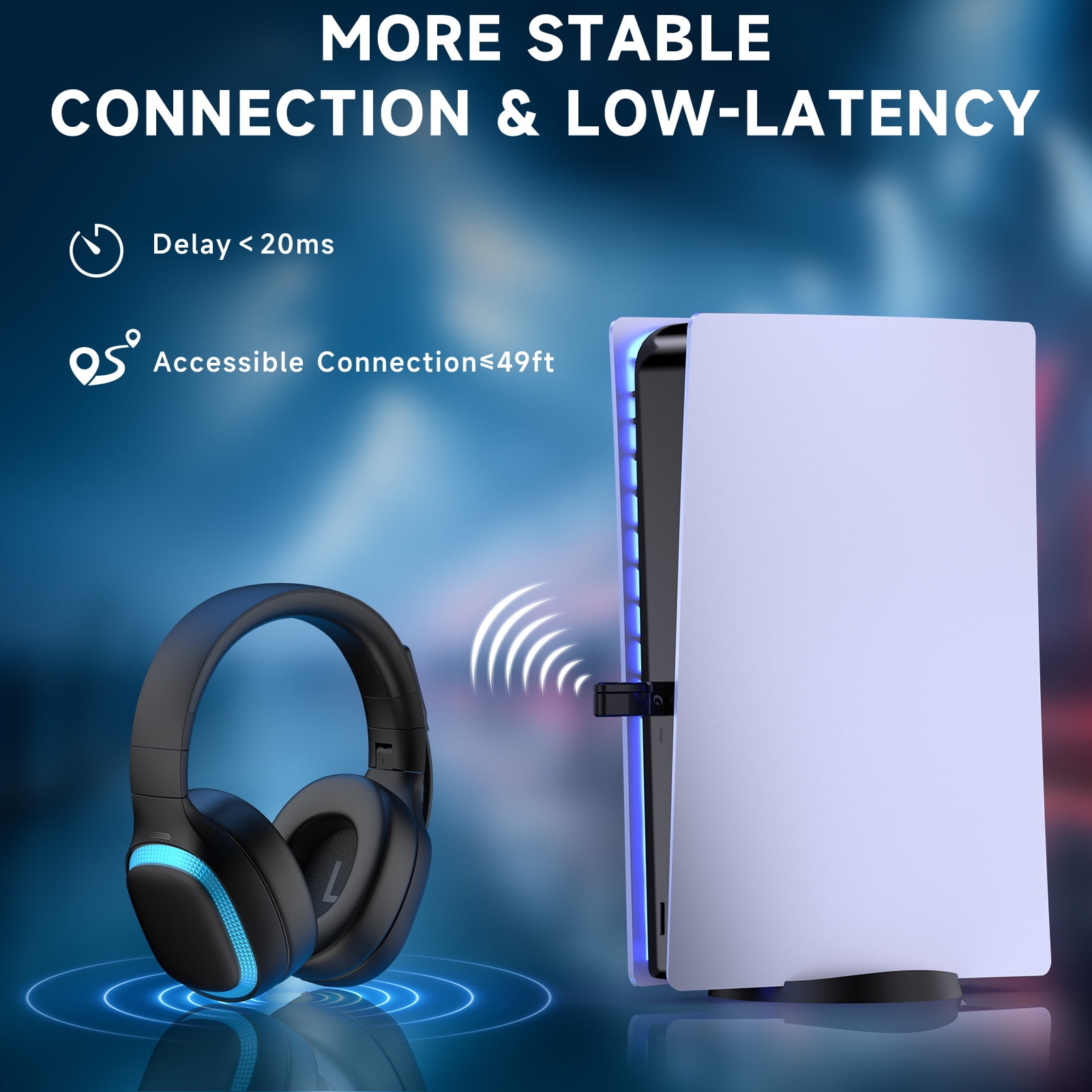 Ecomoment Wireless Gaming Headset for PS5, PC,Switch,Mac with Bluetooth 5.4, 2.4GHz USB PS5 Headset with Mic,Gaming Headphones with RGB Light, 70H Battery Life,Black-Blue
