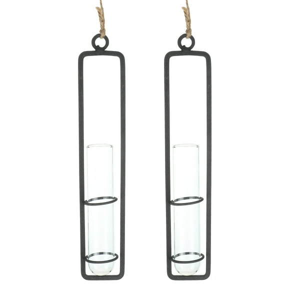 Uxcell Plant Propagation Wall Hanging Terrarium with Metal Holder, 2 Sets Small Glass Planter Tube Vase for Hydroponic Flower Office Bathroom Bedroom Decor, Black