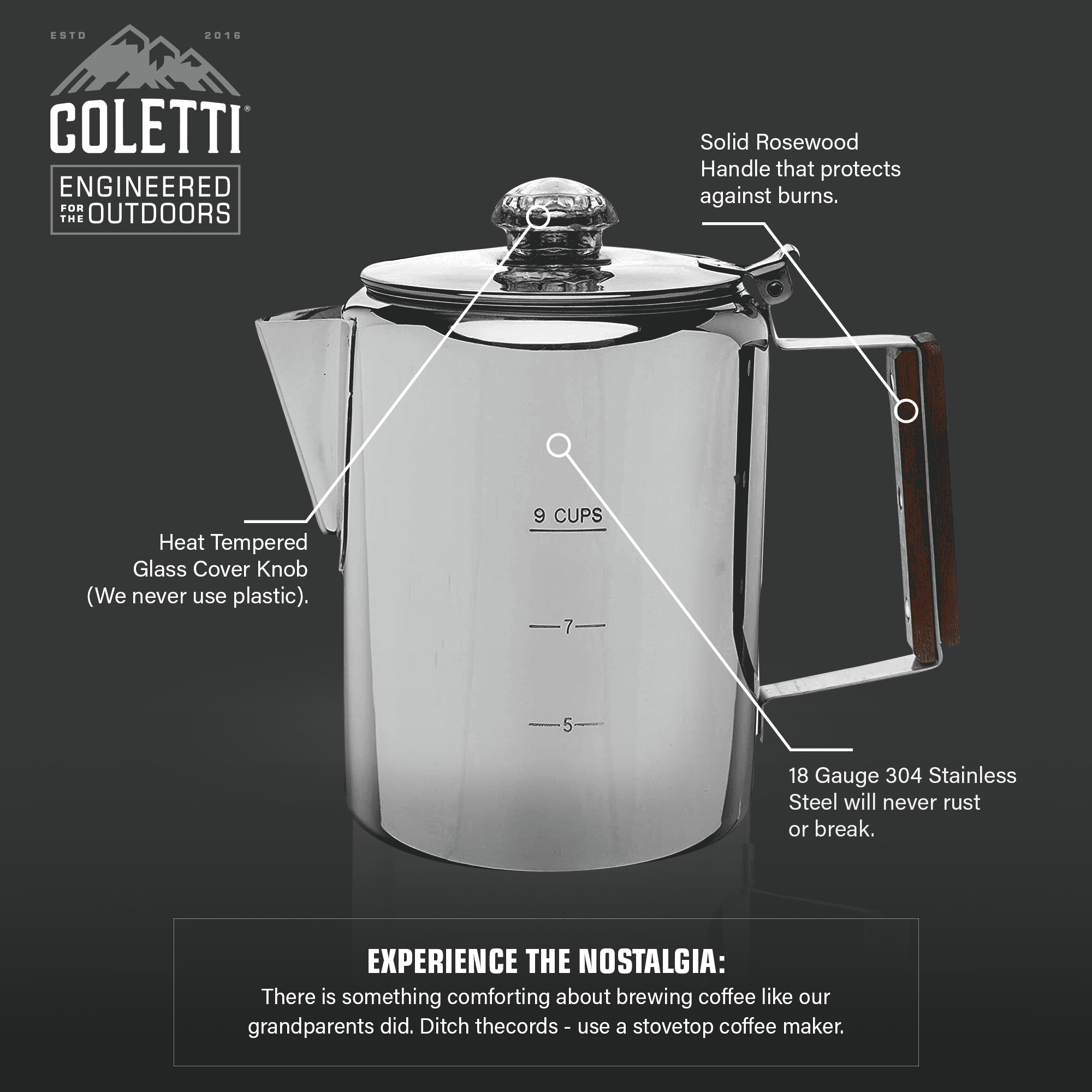 COLETTI Bozeman Camping Coffee Pot – Coffee Percolator – Percolator Coffee  Pot for Campfire or Stove Top Coffee Making – 9 CUP