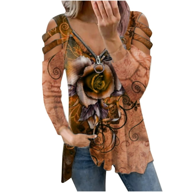 Top de camiseta informal con estampado de flores rosas y cremallera con cuello en V a la moda para mujer Fridja hj4455