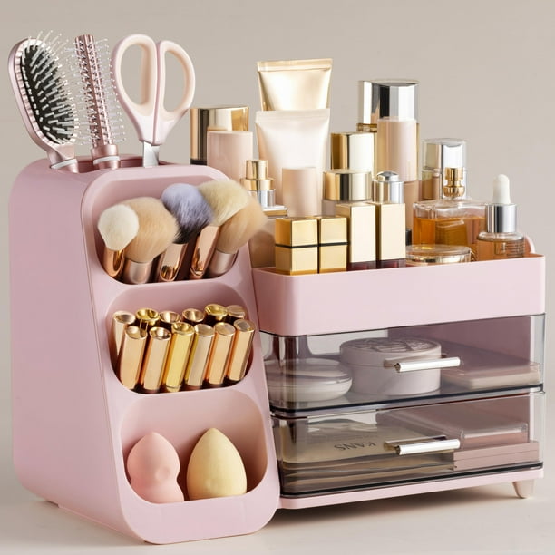 Organizador de maquillaje HBlife con soporte para brochas, plástico rosa
