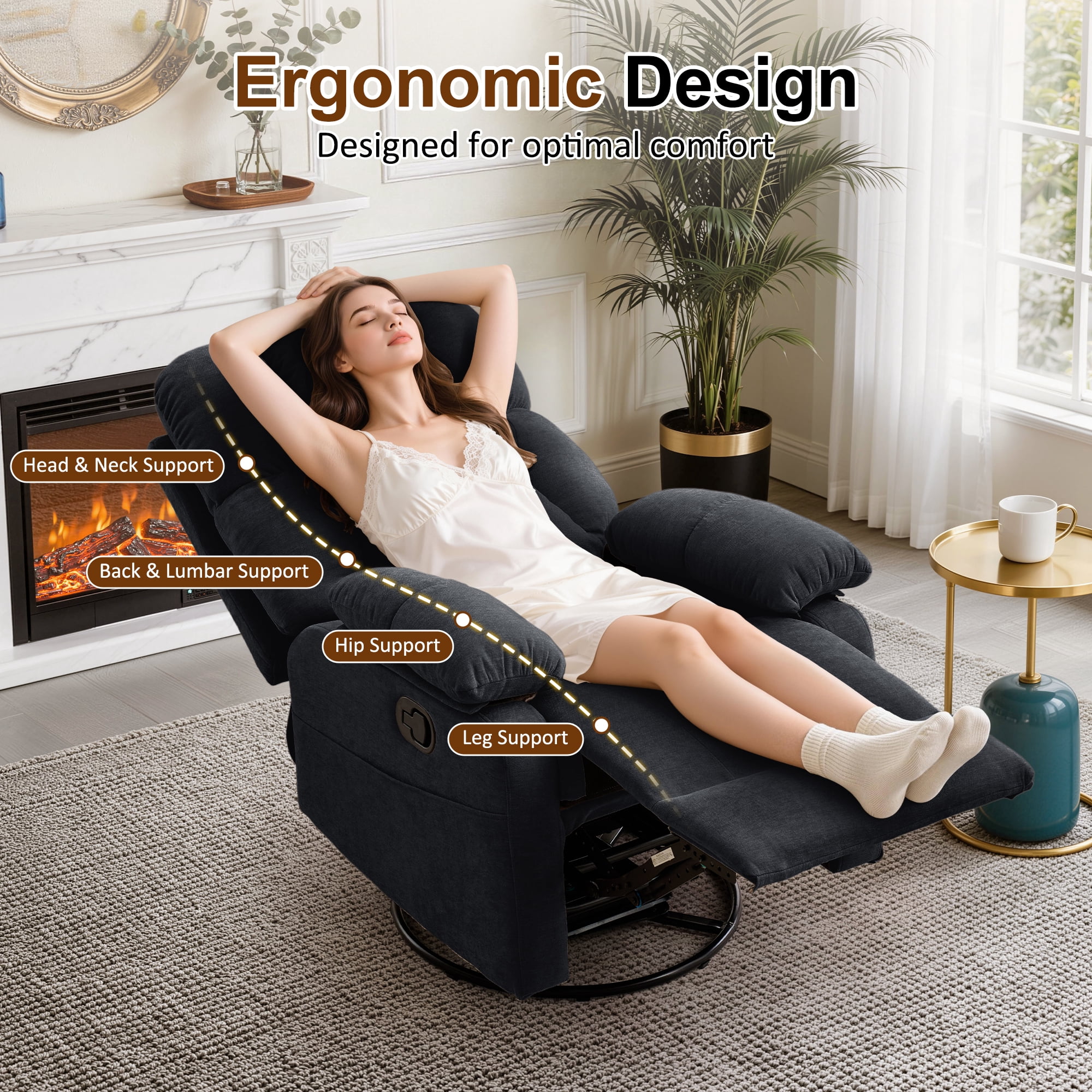 GEEYOO Swivel Rocker Recliner Chair for Adults,360°Swivel Nursery Recliner with Side Pockets,Small Recliner Chair for Small Spaces for Living Room,Linen,Black