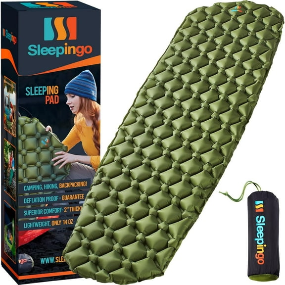 Sleepingo Ultralight Sleeping Pad - Inflatable Sleeping Mat for Camping, Hiking, Backpacking - 74x22 Inches Compact Air Mattress, Waterproof Gear for Travel Outdoors - Green