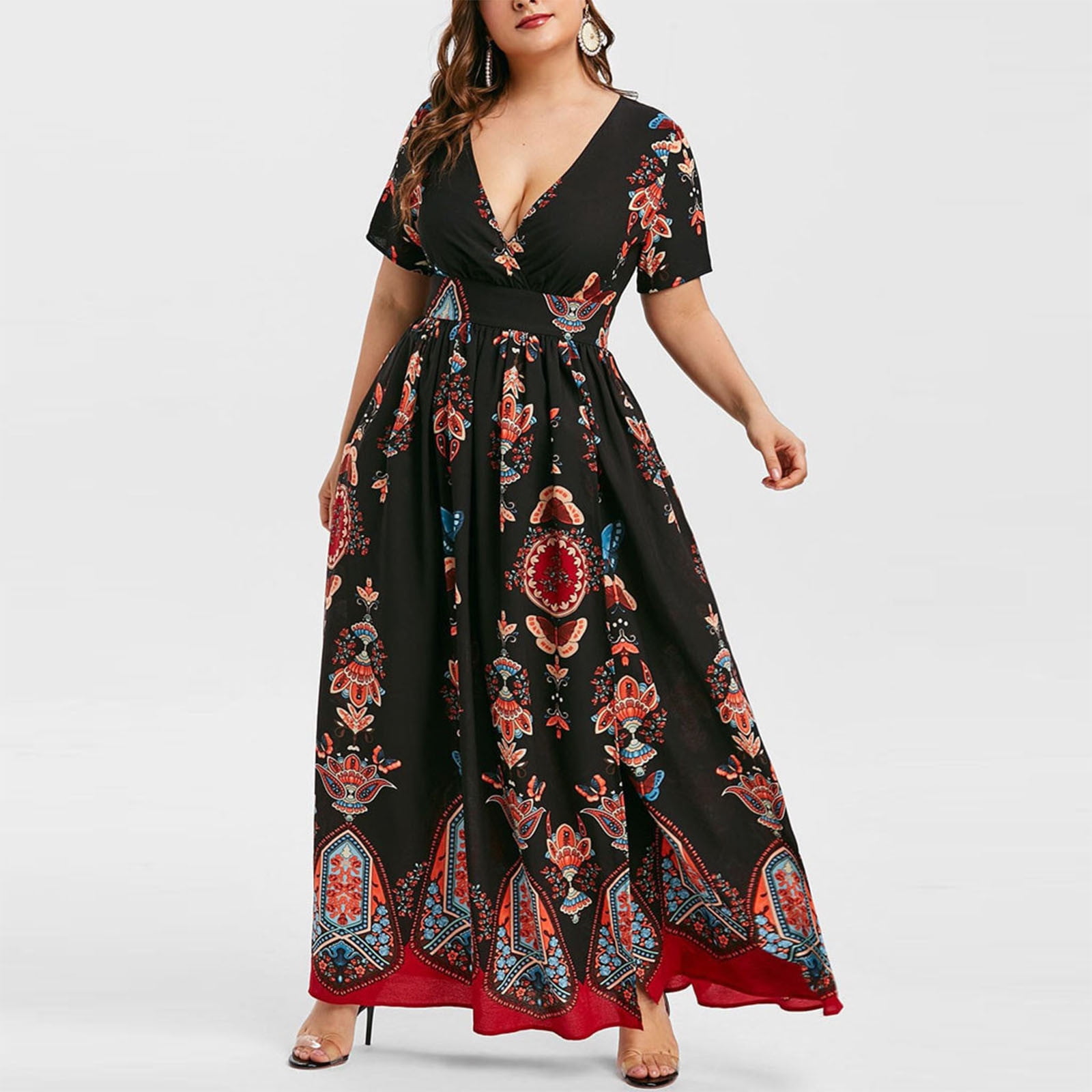 Deep V-Neck Split Wrap Around Dress Bohemian Chic Long Sleeve All Sizes Plus Sizes