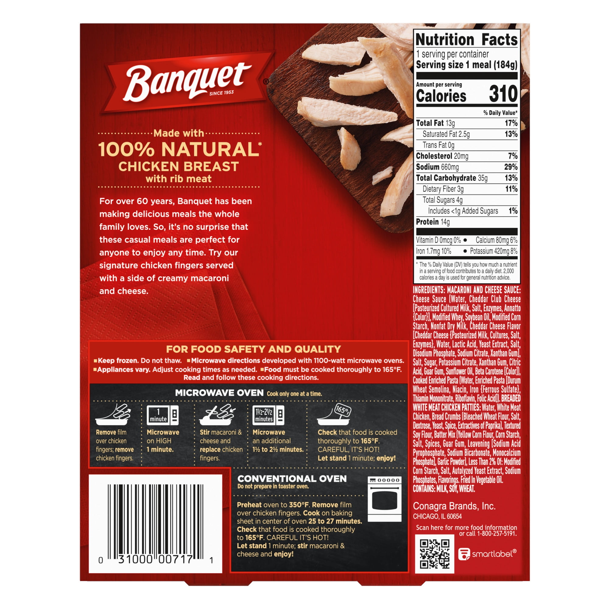 Banquet Chicken Fingers With Mac & Cheese, 14g Protein, Frozen Meal, 6.5 oz.