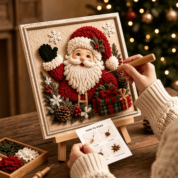 Christmas Punch Needle Kit, DIY Fabric Embroidery Craft Set With Multiple Holiday Patterns, Complete Hand‑Making Supplies For Adult Beginner Wall Table Home Decor Style-E
