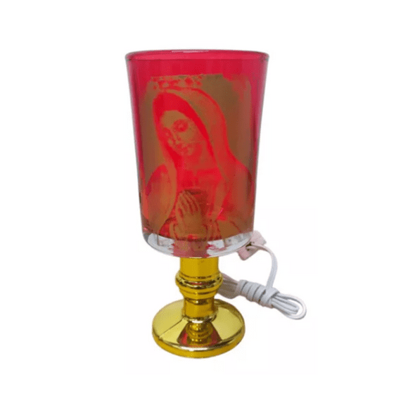 Lampara Tipo veladora AGL Vaso Rojo Imagen Virgen Con Foco E12