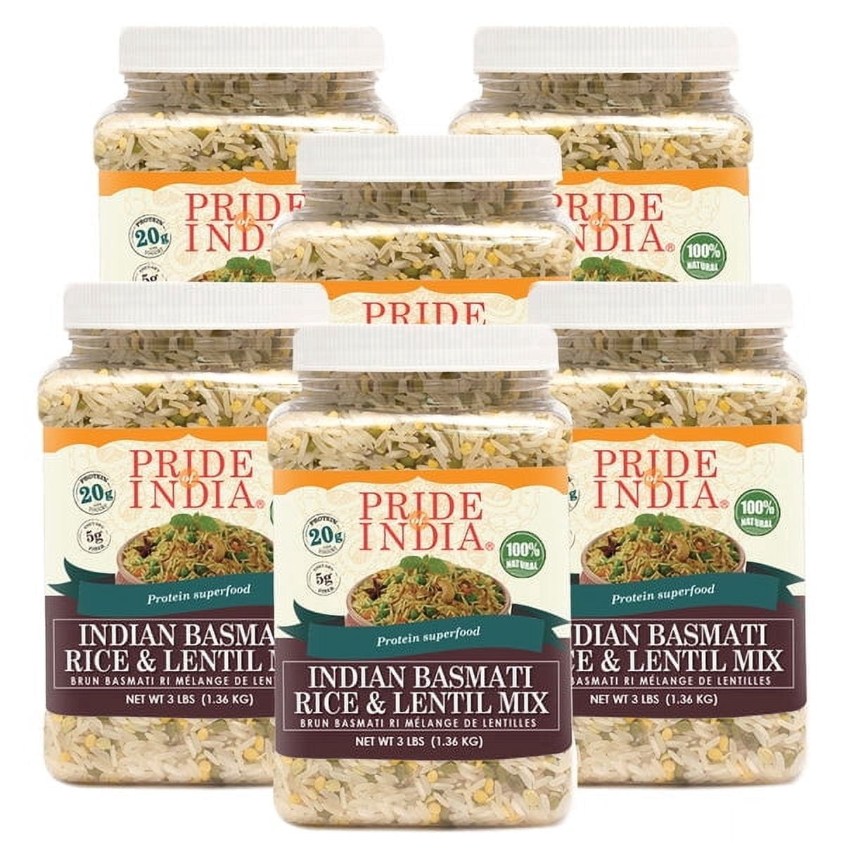 Pride of India - Pack of 6 - White Basmati Rice And Lentil Kitchari Mix, Protein Superfood, 3 lbs Jar
