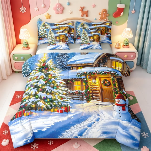Manfei Cute Christmas Tree 7-Piece Twin Bedding,Xmas Holiday Season Bedding Comforter Set,Light Gray Reversible