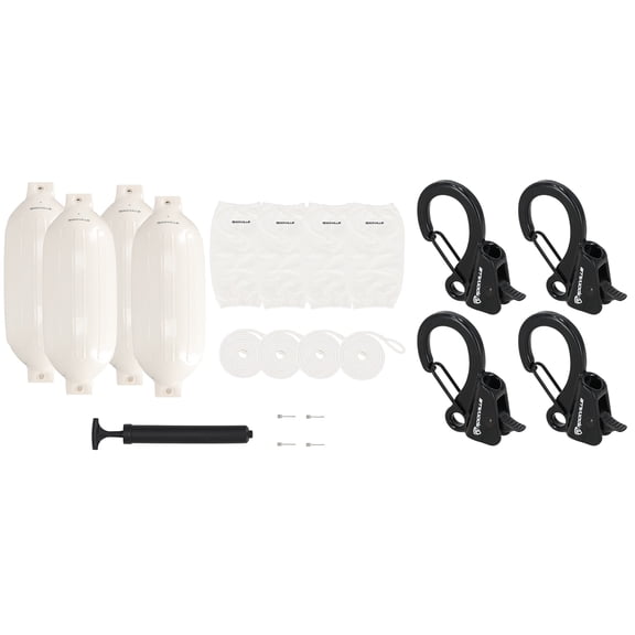 Rockville FEN410-WHITE Bundle: (4) 10 x 30 Inch Boat Fenders with Covers and Lines, RQA-4 Quick Release Fender Clips, Marine Dock Kit, 21-items