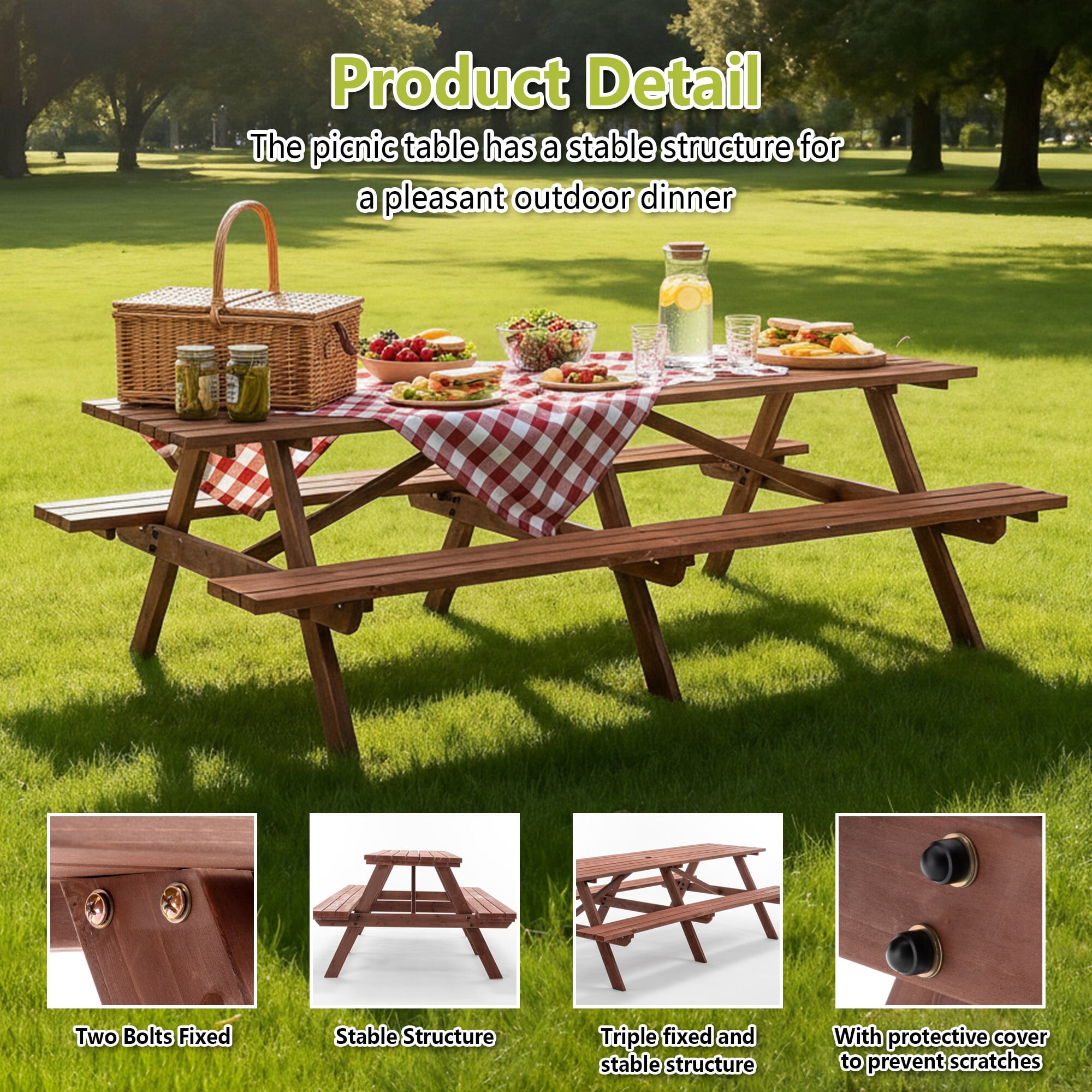DEALTOPS 8ft Class Extra Long Wooden Picnic Table Seats 12, Heavy Duty Outdoor Patio Dining Set with Umbrella Hole
