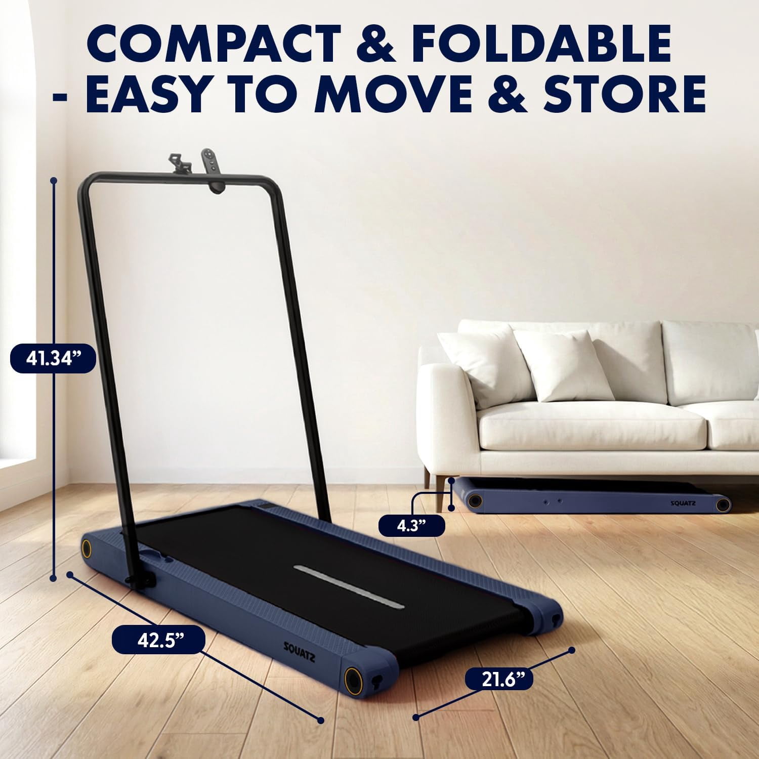 Squatz 2‑in‑1 Walking Pad Treadmill with Handlebar & Vibration Plates - Compact Walking Pad with LED Display, Device Holder, Quiet 1.0HP Motor & Remote for Home or Office Fitness (Blue)