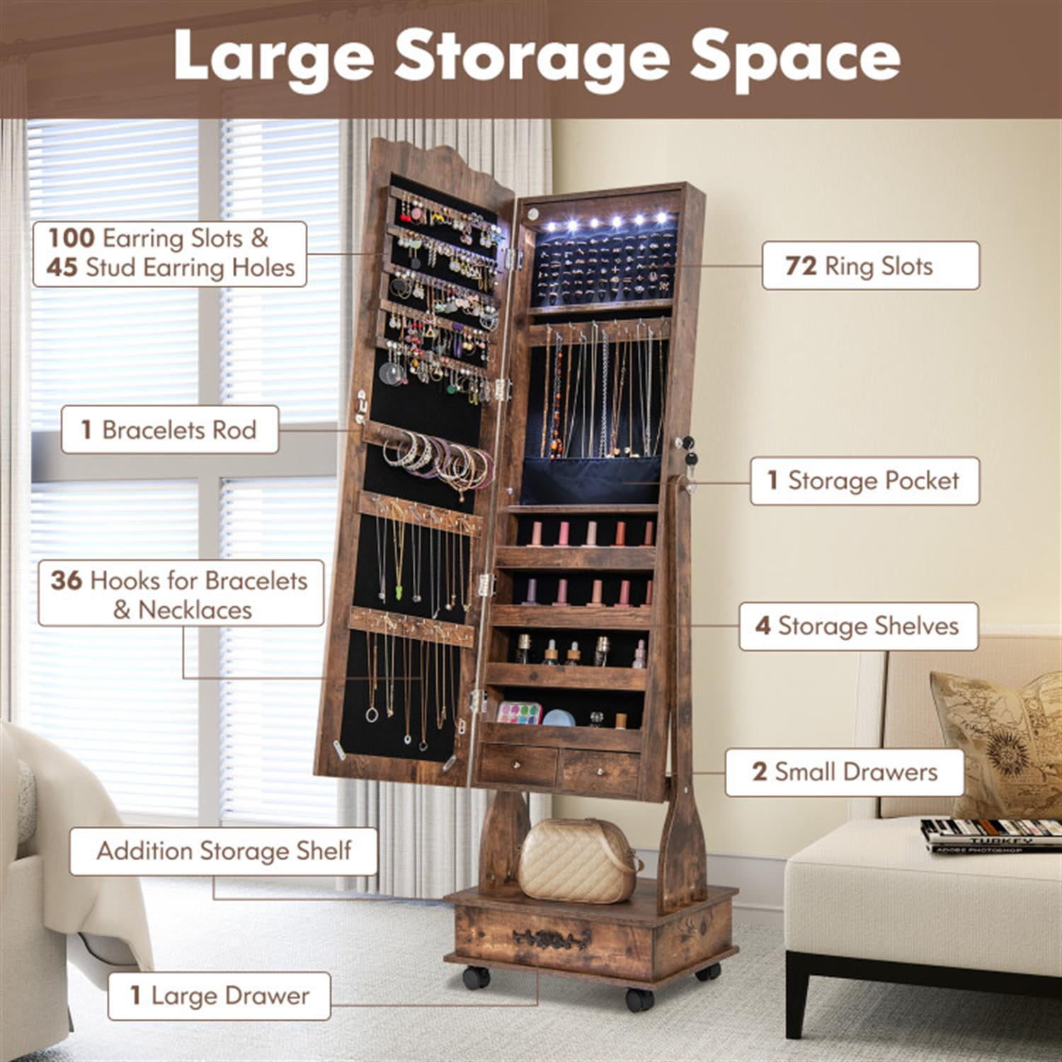 Demi Bonn Freestanding Rolling Floor Standing Mirrored Jewelry Armoire with Lock and Drawers, Lockable Makeup Storage Organizer, Brown