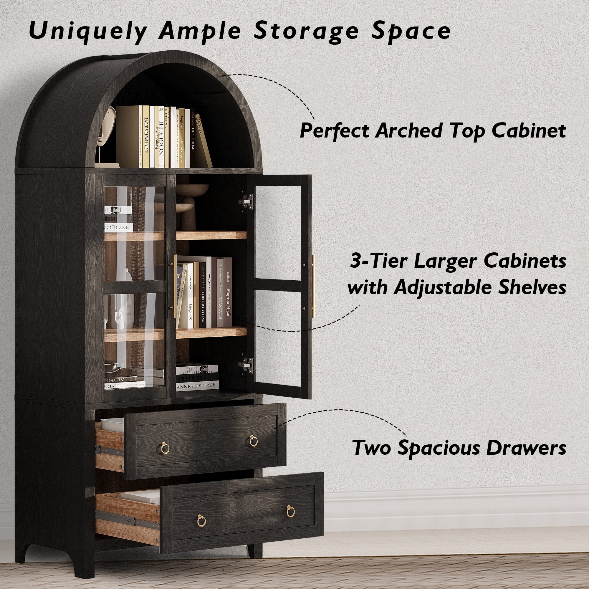 DEALTOPS Freestanding 71" Kitchen Pantry Cabinet with Arched Top, Adjustable Shelves and 2 Large Drawers, Black