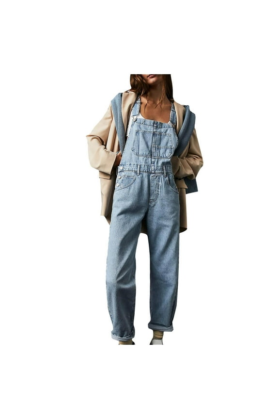 Women's Classic Adjustable Straps Denim Bib Overalls Casual Loose Comfy Straight Wide Leg Stretchy Jeans Pants Jumpsuits with Pockets