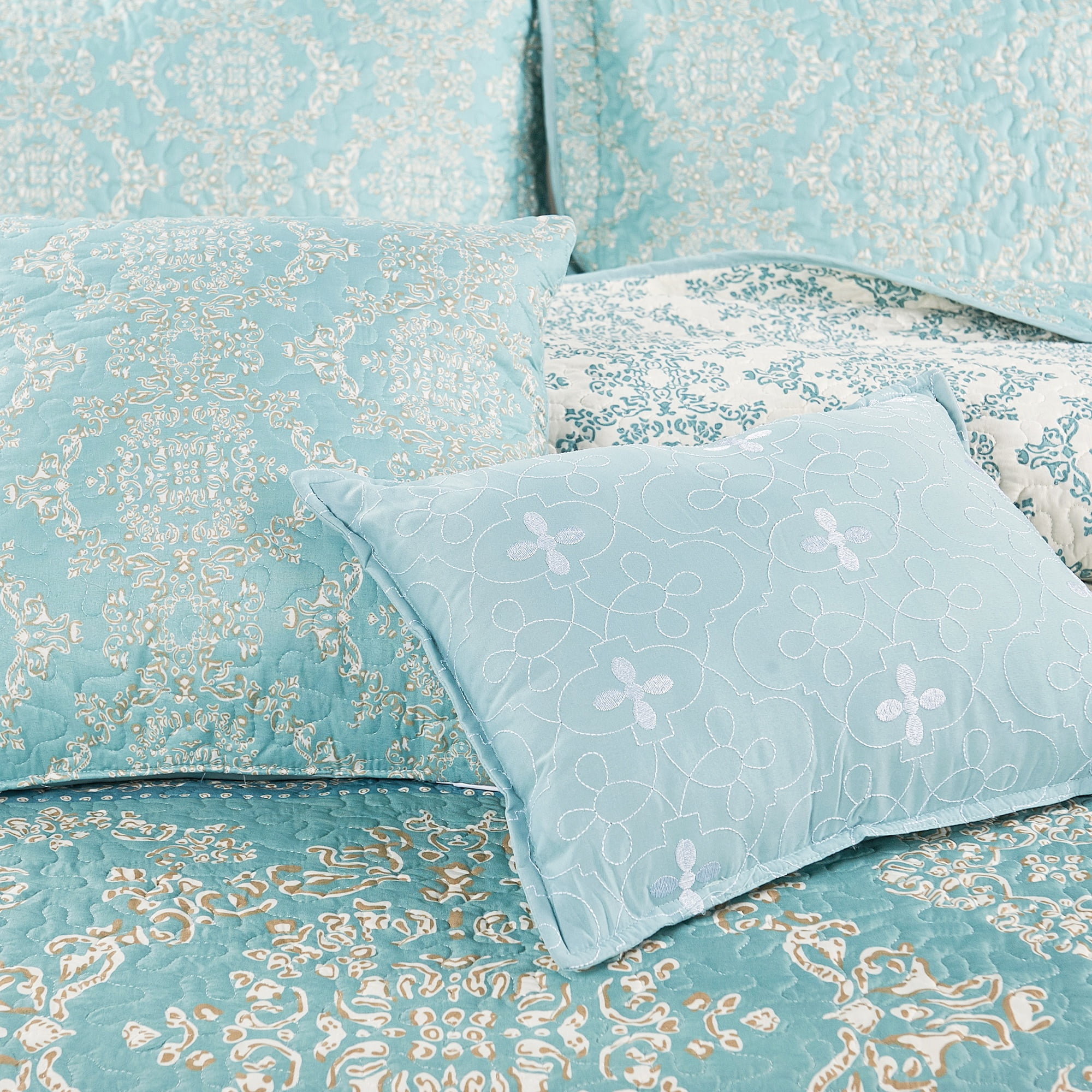 Home Soft Things 7 Piece Printed Microfiber Quilts Bedspread Set - Mystic - Teal/Turquoise - King (102" x 90")