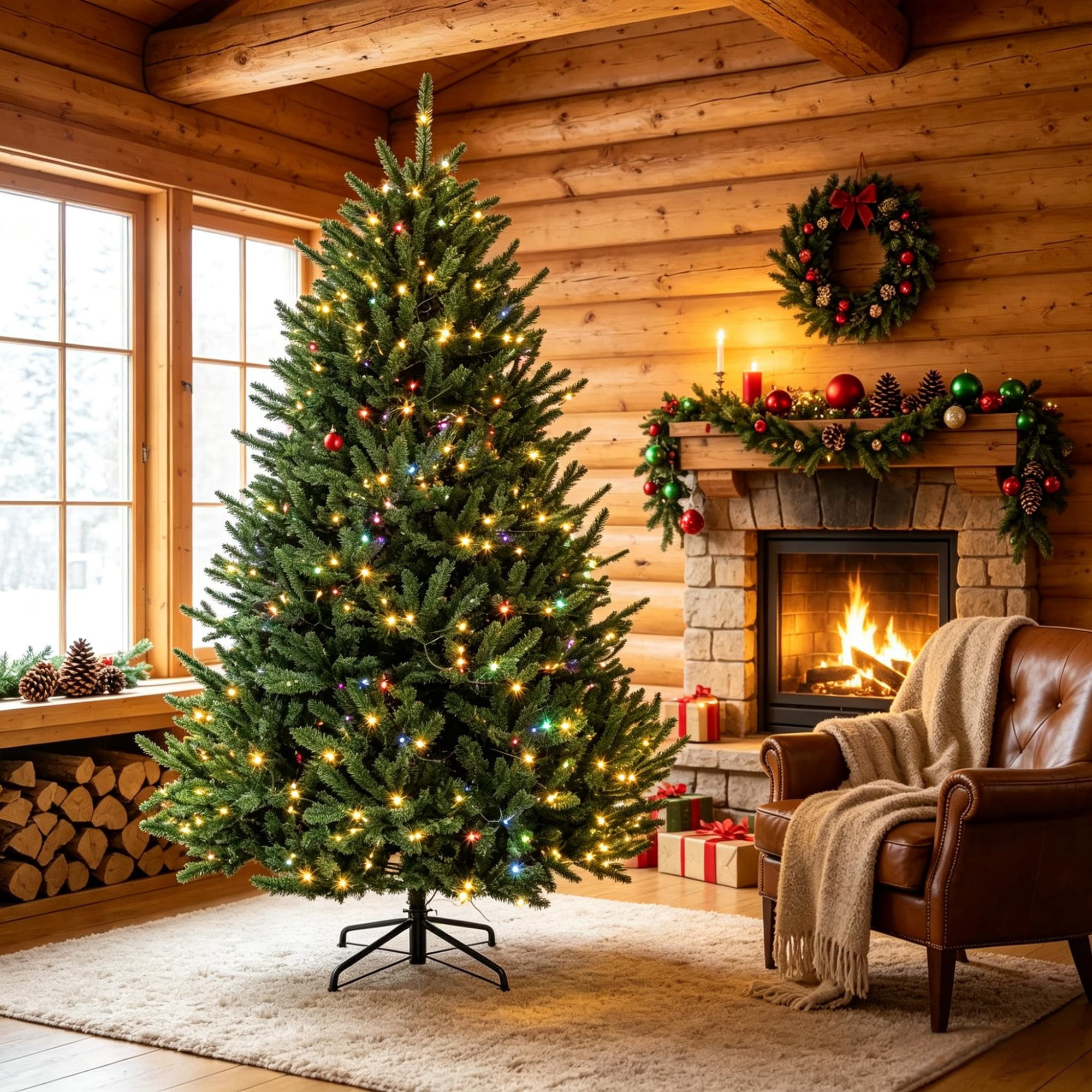 6 ft Pre-Lit Christmas Tree with Dual-Color LED Lights, 1492 Tips, 11 Lighting Functions, Hinged PVC Foliage and Metal Stand