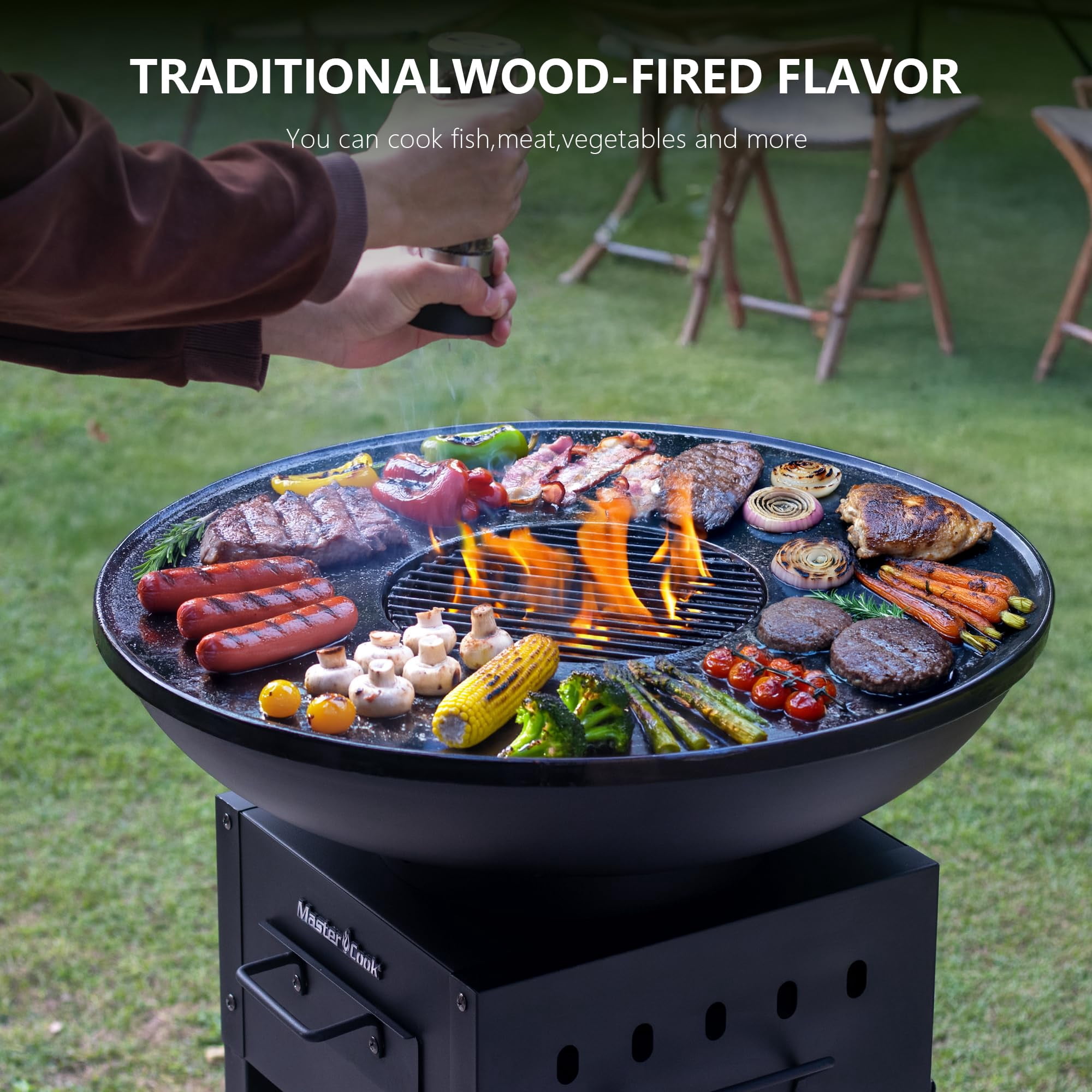 MASTER COOK 28" Charcoal Grill, Fire Pit and BBQ Combo for Outdoor Cooking Backyard Parties Camping, Round