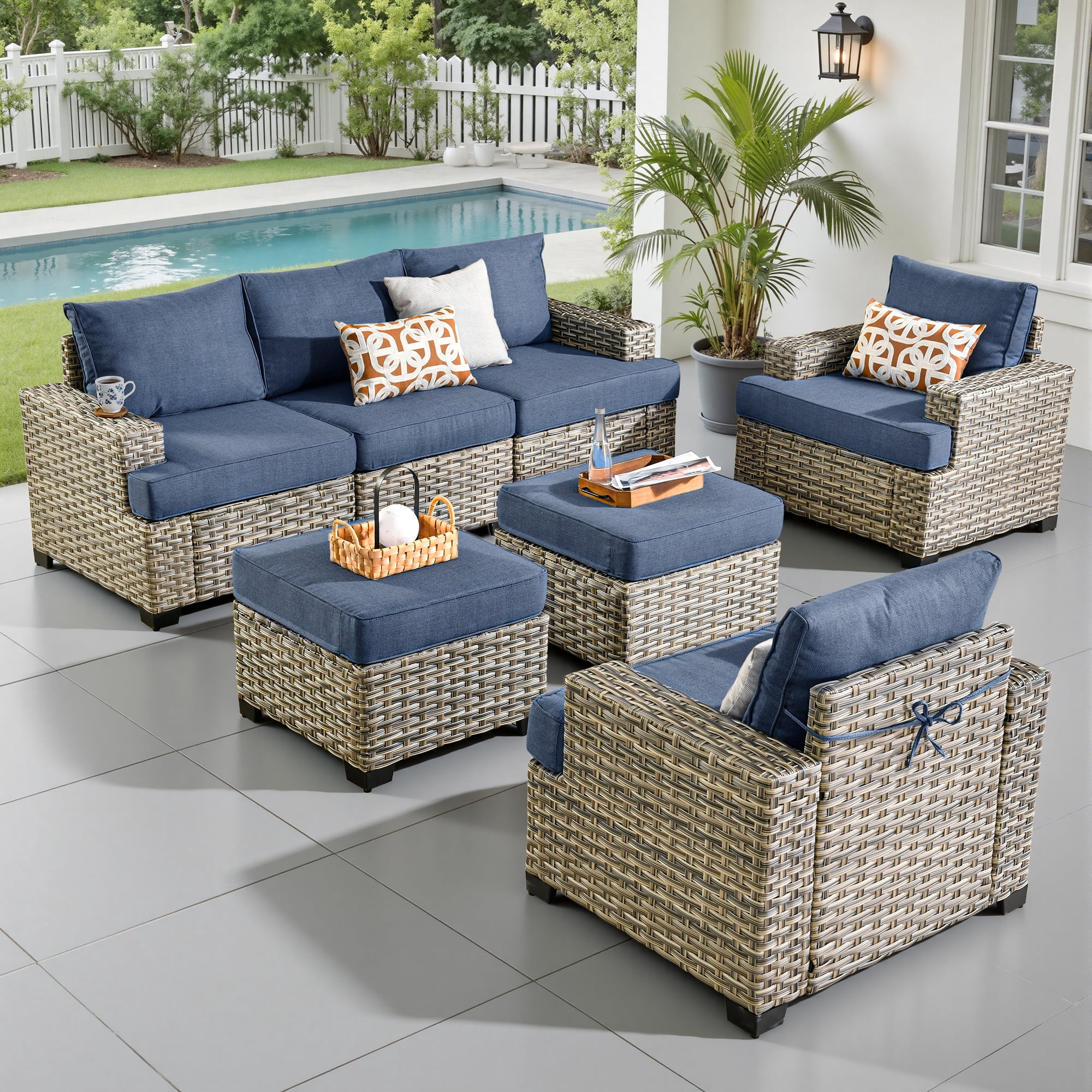 Ovios 7 Pieces Outdoor Patio Furniture Set All-Weather Rattan Wicker Sectional Sofa and Chairs with Ottomans, Denim Blue