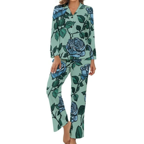 PoBuds Women's Long Sleeve Flannel Pajama Set Sleepwear Rose Pattern L