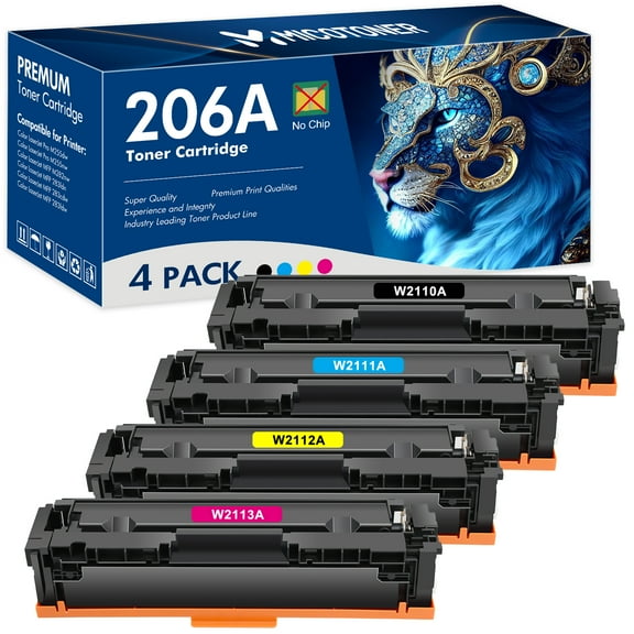 206A 4-Pack Compatible Toner Cartridge without Chip for HP W2110A 206A 206X W2110X Work with HP LaserJet Pro M255dw M282 M283fdw Printer Ink (Black,Cyan,Magenta,Yellow,with Tools)