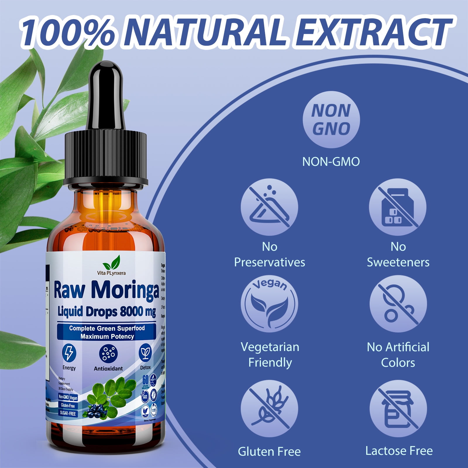 2 Pack Raw Moringa Liquid Drops 8000 mg, Organic Moringa Oleifera Leaf Extract w. Supergreens Wheatgrass, Barley Grass for Antioxidant, Energy & Immune, High Potency Than Moringa Capsules Powder