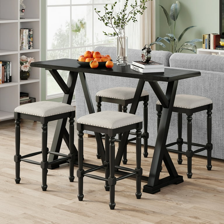 Churanty 5 Pieces Counter Height Dining Table Set for 4 Rectangle Table and 4 Upholstered Padded Stools for Small Space White