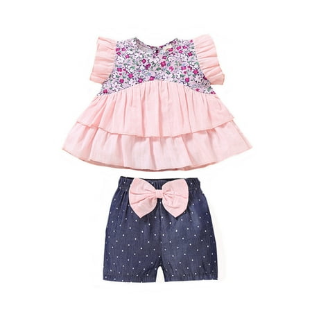 

EYIIYE Summer Baby Girls Flower Print Fly Sleeve Round Neck Tops + Polka Dot Bowknot Shorts Outfits 1-4 Years
