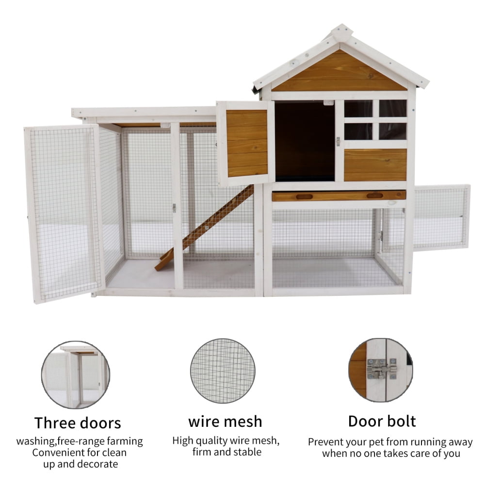 Deluxe Wooden Rabbit Hutch with Easy Clean Deep Tray & Waterproof Roof for Rabbits & Chickens, Solid Wood Construction, 3 Doors for Interaction, Expandable Design, Quick Assembly