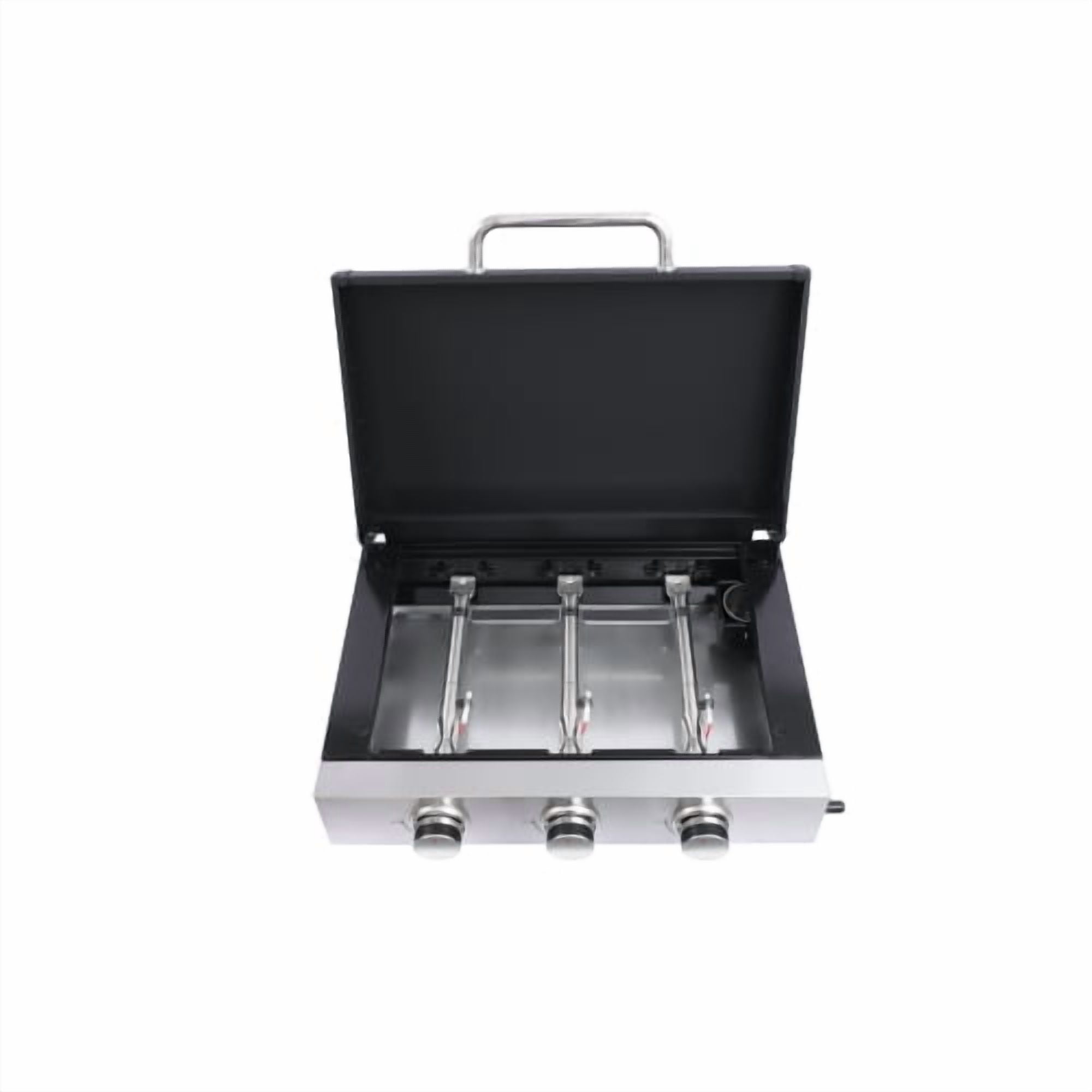 3-Burner Propane Gas Grill with Teppanyaki Combo Stainless Steel, 28680 BTU Outdoor BBQ Grill with Cast Iron Grids and Pull-Out Oil Pan for Backyard Patio Cooking, Black Silver